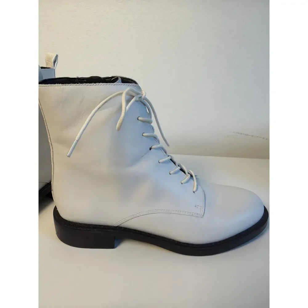 Sam Edelman Nina White Leather Lace Up Side Zip Ankle Combat Boots | Size 7M/37